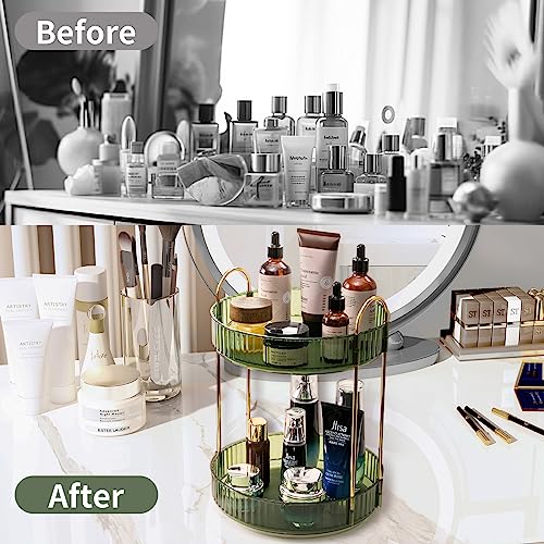 360 Rotating Makeup Organizer for Vanity,2 Tier Large Capacity Cosmetics Skincare Organizers,Bathroom Countertop Organizer Spinning Perfume Organizer,Dresser Vanity Organizer (Green-2 Tier)