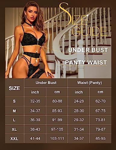 RSLOVE Women's Lingerie Sets with Garter Belt 3 Piece Sexy Lace High Waist Bra and Panty Set Push Up Exotic Sleepwear