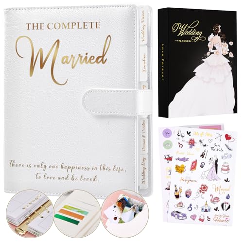 JUBTIC Wedding Planner Book and Organizer for the Bride - Engagement Gift for Newly Engaged Couples Wedding Notebook Wedding Planning Book Binder With 5 Tabbed Sections,Stickers and Gift Box - White