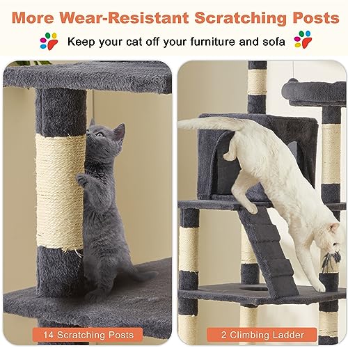 MDEAM Cat Tree 81 Inch Multi-Level Large Cat Tower for Large Cats with Cat Caves/Scratching Board/Climbing Ladder/Sisal Scratching Posts/Basket/Cozy Plush Cat Perches(Dark Gray)