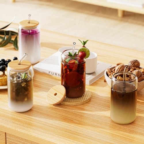 12pcs Glass Cups with Bamboo Lids and Glass Straws Set-16oz Can Shaped Drinking Glasses, Beer Glasses, Iced Coffee Glasses, Cute Tumbler Cup, Ideal for Whiskey,Cocktail,Wine,Gift-2 Cleaning Brushes