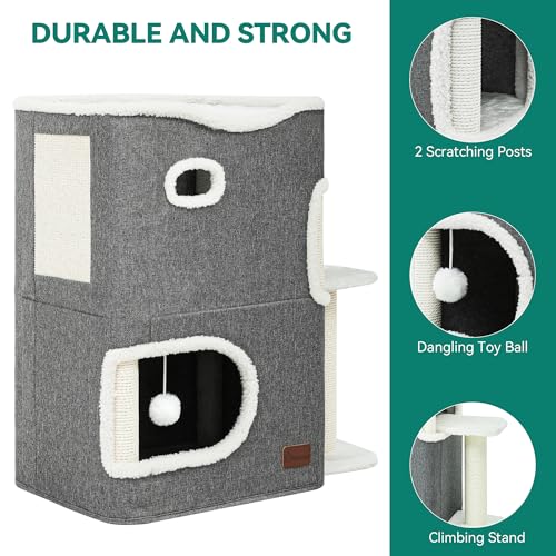 YITAHOME 2 Tier Cat House, Indoor Cat Cave Bed Playhouse, Cat Tunnels with Scratch Pad and Hideaway Cube, Cute Modern Cat Condo Furniture for Multi Small Cats, Extended (Grey)