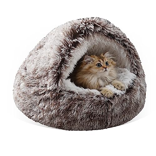 Cat Bed Round Plush Fluffy Hooded Calming Cat Bed Cave,Self Warming pet Bed with non-collapsed Cover for Indoor Cats or Small Dogs,Washable,Anti-Slip Waterproof Bottom,20",Gradual coffee