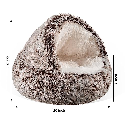 Cat Bed Round Plush Fluffy Hooded Calming Cat Bed Cave,Self Warming pet Bed with non-collapsed Cover for Indoor Cats or Small Dogs,Washable,Anti-Slip Waterproof Bottom,20",Gradual coffee