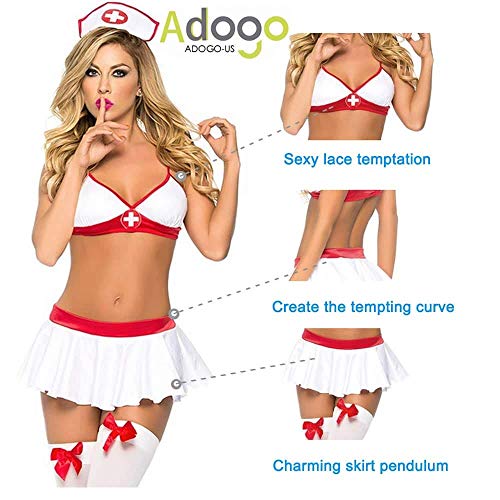 ADOGO Women Lingerie Costume Sexy Outfit Set Babydoll Bedroom Honeymoon Cosplay Nurse Clothing Fits Free Size, White, Large (-White)