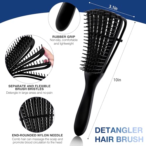 4Pcs Detangling Hair Brush Set, Detangler Comb and Brush for Curly Hair, Styling Hairbrush Wide Tooth Comb Hair Care for Wet Dry Long Thick Thin Curly Natural Hair(Black)