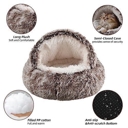 Cat Bed Round Plush Fluffy Hooded Calming Cat Bed Cave,Self Warming pet Bed with non-collapsed Cover for Indoor Cats or Small Dogs,Washable,Anti-Slip Waterproof Bottom,20",Gradual coffee