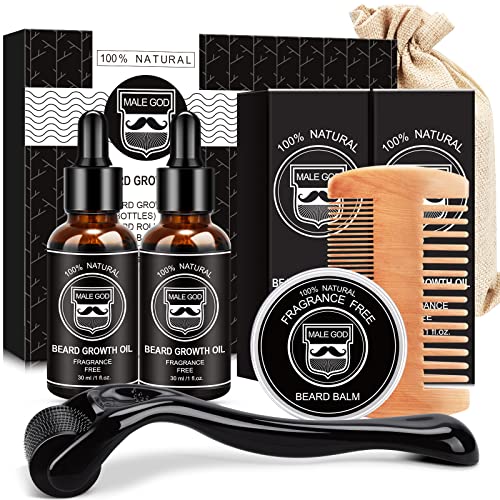 Beard Growth Kit - Beard Kit for Men W/Handmade Beard Growth Oil, Beard Balm, Handmade Beard Comb, Beard Kit for Spot/Patchy Beard, Anniversary &Birthday Gifts for Men Him Boyfriend Husband Dad