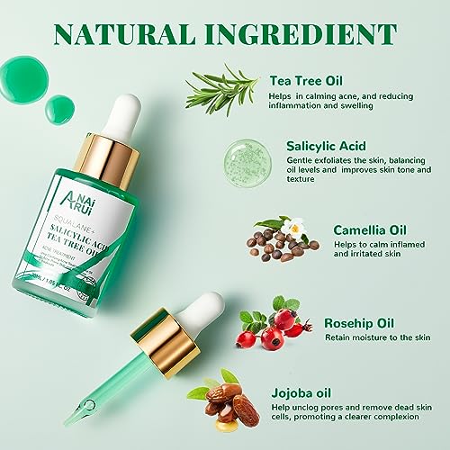 ANAI RUI Acne Treatment Face Oil,Tea Tree Oil with Salicylic Acid,Acne Prone Skin Oil,Soothe Acne,Redness Relief, Tea Tree Oil for Face,Back, Clarifying & Purifying for Acne Prone Skin 1Fl.OZ