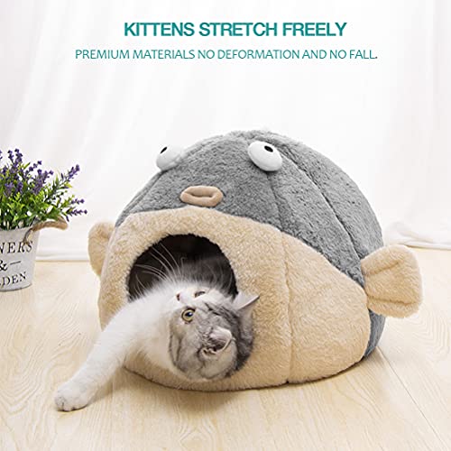 Cat Beds for Indoor Cats - Cat Bed Cave with Removable Washable Cushioned Pillow, Soft Plush Premium Cotton No Deformation Pet Bed, Lively Pufferfish Cat House Design, Grey, Multiple Sizes(L)