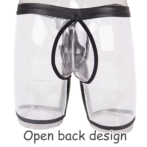 Evankin Men's See Through Sexy Mesh With Faux Leather Loose Shorts Pants Erotic Clubwear Button Removable Pouch