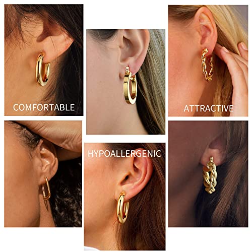 Yesteel 9 Pairs Gold Hoop Earrings for Women, 925 Sterling Silver Post 14K Real Gold Plated Chunky Hoop Earrings Set for Women Hypoallergenic Thick Lightweight Hoop Earrings for Women Gold Jewelry Gifts