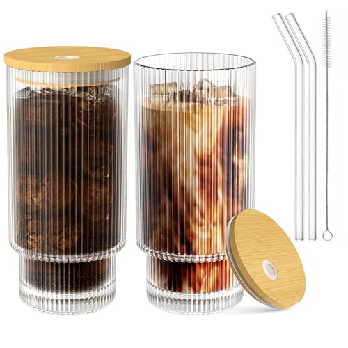 Glass Cups with Lid and Straw 2 Set, 16OZ Drinking Glasses for Whiskey Cocktail Beer, Ribbed Glassware Set for Gift (2 SET)