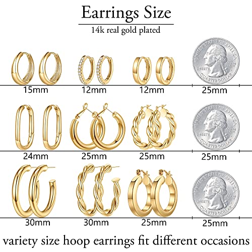 Yesteel 9 Pairs Gold Hoop Earrings for Women, 925 Sterling Silver Post 14K Real Gold Plated Chunky Hoop Earrings Set for Women Hypoallergenic Thick Lightweight Hoop Earrings for Women Gold Jewelry Gifts