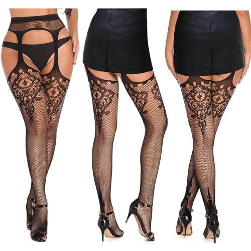 SOUTHRO 5 Pairs Fishnet Thigh High Garter Stockings Patterned Tights for Women,Garter Belt Set & Suspender Pantyhose for Girl