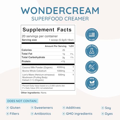 WonderCow Bovine Colostrum Superfood Creamer Supplement Powder w/Organic Lions Mane Mushroom & Coconut Milk Powder MCTs | Functional Sugar Free Keto Coffee, Smoothie & Drink Mix Unsweetened