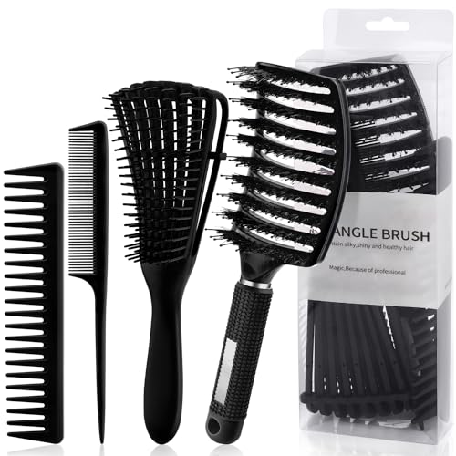 4Pcs Detangling Hair Brush Set, Detangler Comb and Brush for Curly Hair, Styling Hairbrush Wide Tooth Comb Hair Care for Wet Dry Long Thick Thin Curly Natural Hair(Black)