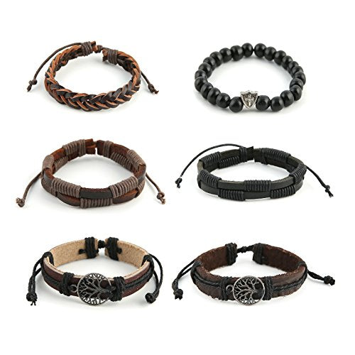 HZMAN Genuine Leather Tree of life Bracelets Men Women, Tiger Eye Natural Stone Lava Rock Beads Ethnic Tribal Elastic Bracelets Wristbands