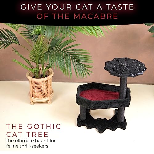 Gothic Cat Tree with Coffin Cat Bed, Gothic Cat Tower, Coffin cat Tree with Sisal Scratching Posts for Halloween cat, Small Size, Black with Red Littlesy