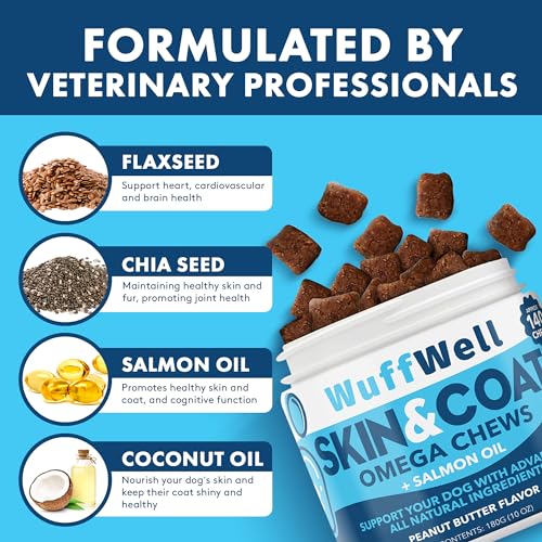 Omega 3 for Dogs with Salmon Oil 140ct - Dog Skin and Coat Supplement - Allergy and Itch Relief - Fish Oil for Dogs Chews - Dog Anti Shedding Supplement - Dry Skin Treatment - Made in USA