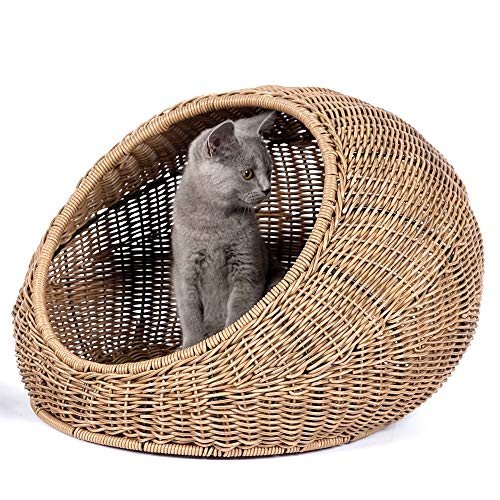 Wicker Cat Bed Dome for Medium Indoor Cats - a Covered Cat Hideaway Hut of Faux Rattan Houses Pets in Dome Basket, Washable