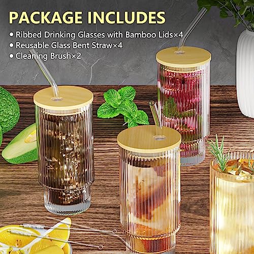 16OZ Ribbed Glass Cups with Bamboo Lids and Glass Straws 4 Set, Vintage Glassware for Whiskey Cocktail Beer, Iced Coffee Cups for Cute Gifts (4 Set)