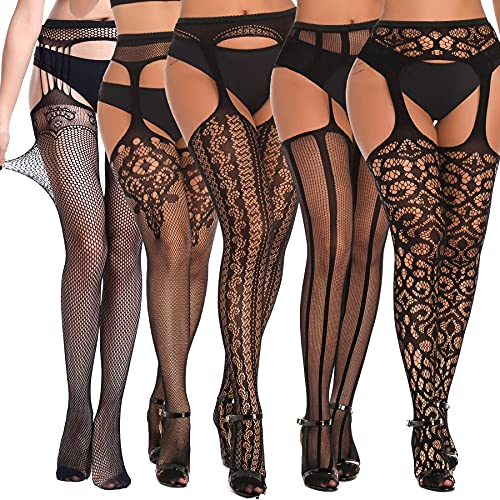 SOUTHRO 5 Pairs Fishnet Thigh High Garter Stockings Patterned Tights for Women,Garter Belt Set & Suspender Pantyhose for Girl