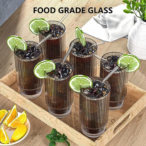 16OZ Ribbed Glass Cups with Bamboo Lids and Glass Straws 4 Set, Vintage Glassware for Whiskey Cocktail Beer, Iced Coffee Cups for Cute Gifts (4 Set)