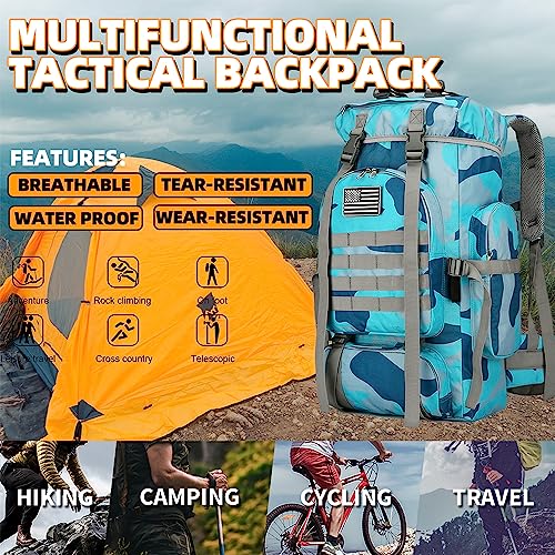 45L Hiking Backpack Waterproof Travel Backpack Lightweight Outdoor Daypack Camping Backpack for Men Women (Blue Camo)