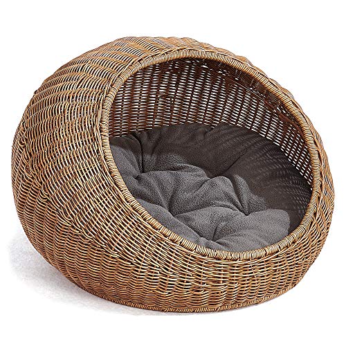 Wicker Cat Bed Dome for Medium Indoor Cats - a Covered Cat Hideaway Hut of Faux Rattan Houses Pets in Dome Basket, Washable