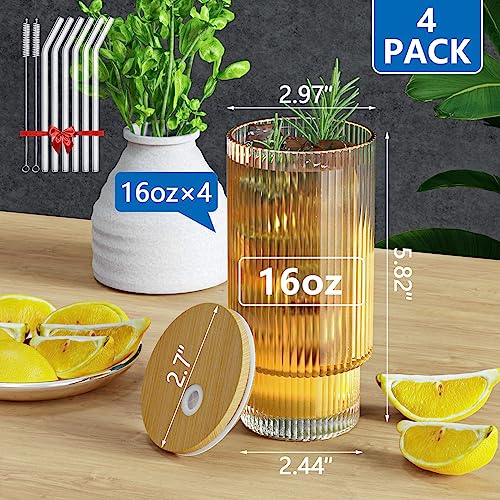 16OZ Ribbed Glass Cups with Bamboo Lids and Glass Straws 4 Set, Vintage Glassware for Whiskey Cocktail Beer, Iced Coffee Cups for Cute Gifts (4 Set)