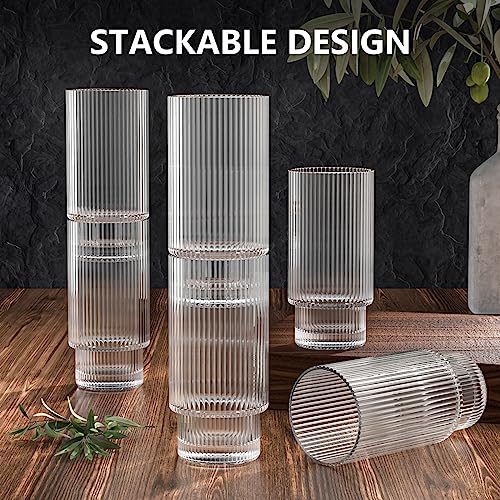 16OZ Ribbed Glass Cups with Bamboo Lids and Glass Straws 4 Set, Vintage Glassware for Whiskey Cocktail Beer, Iced Coffee Cups for Cute Gifts (4 Set)