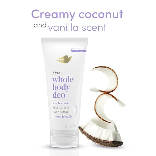 Dove Whole Body Deo Aluminum Free Invisible Cream Deodorant Coconut & Vanilla for 72h Odor Control, 2.5 oz