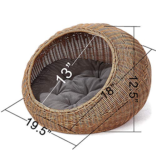 Wicker Cat Bed Dome for Medium Indoor Cats - a Covered Cat Hideaway Hut of Faux Rattan Houses Pets in Dome Basket, Washable