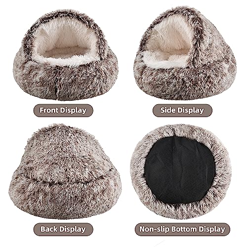 Cat Bed Round Plush Fluffy Hooded Calming Cat Bed Cave,Self Warming pet Bed with non-collapsed Cover for Indoor Cats or Small Dogs,Washable,Anti-Slip Waterproof Bottom,20",Gradual coffee