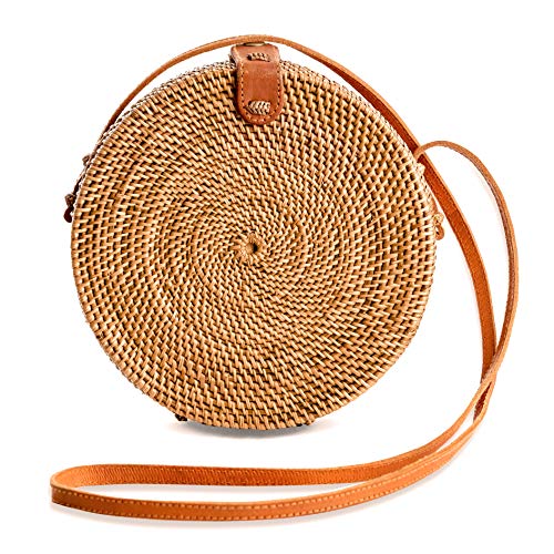 Novum Crafts Round Rattan Bag for Women - Handmade Ata Wicker Woven Purse - Circle, Square, Oval Brown Straw Boho Bags