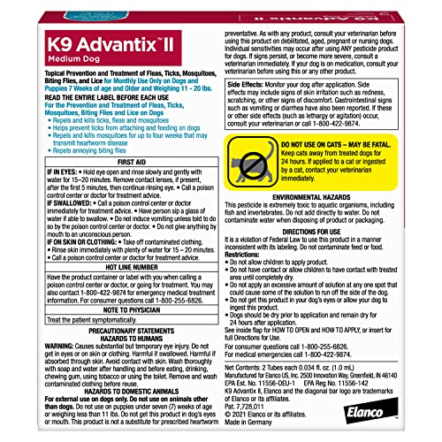 K9 Advantix II Medium Dog Vet-Recommended Flea, Tick & Mosquito Treatment & Prevention | Dogs 11-20 lbs. | 2-Mo Supply