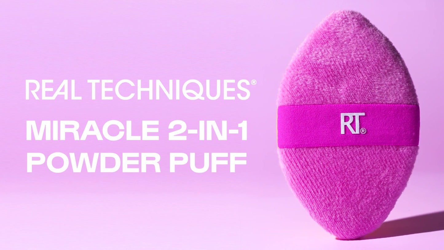 Real Techniques Miracle 2-In-1 Powder Puff, Dual-Sided, Full-Size Makeup Blending Puff, Reversible Elastic Band, Precision Tip Makeup Sponge & Powder Puff, For Liquid, Cream & Powder, 2 Count