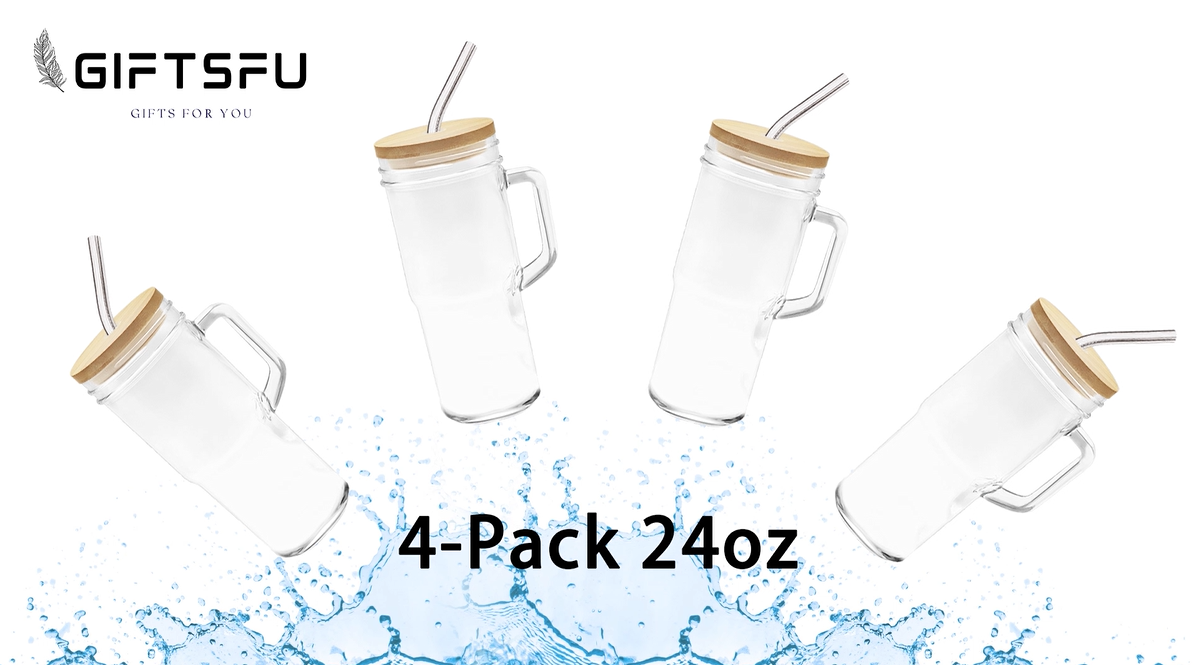 4-Pack 24oz Glass Tumbler Cups with Handle, Bamboo Lids, and Straws - Reusable Mason Jar Drinking Glasses for Iced Coffee, Smoothies, Beer, Juice, and Tea