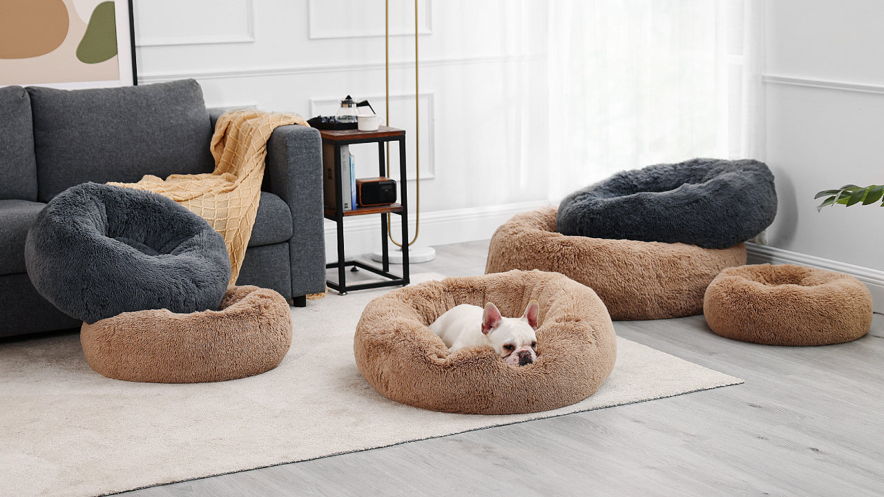 Bedsure Calming Dog Bed for Small Dogs - Donut Washable Small Pet Bed, 23 inches Anti-Slip Round Fluffy Plush Faux Fur Large Cat Bed, Fits up to 25 lbs Pets, Camel