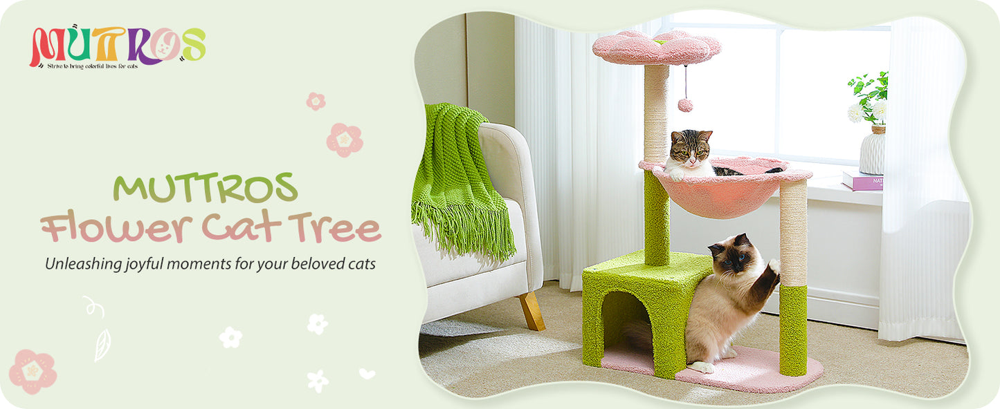 Flower Cat Tree with Large Metal Frame Hammock, 35" Cute Cat Tower with Sisal Scratching Posts for Small Indoor Cats, Cat Condo with Pink Top Perch for Kittens, Pink