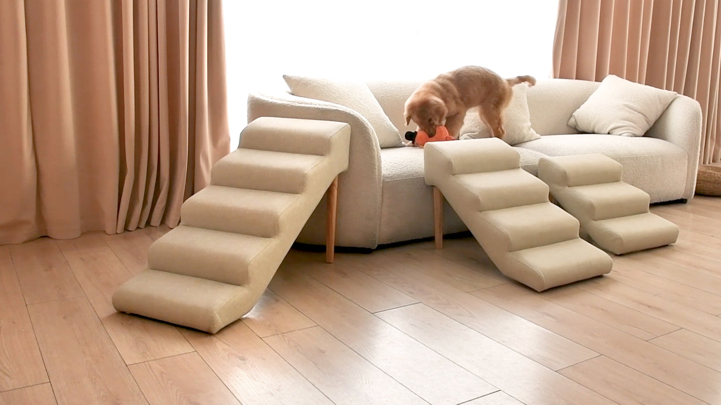 Senneny Imitation Linen Faux Leather Dog Stairs, for Pets up to 150 lbs, Waterproof, Scratch Resistant Pet Steps/Stairs with High Density Foam and Detachable Wooden Legs, Light Beige Linen, 4 Step