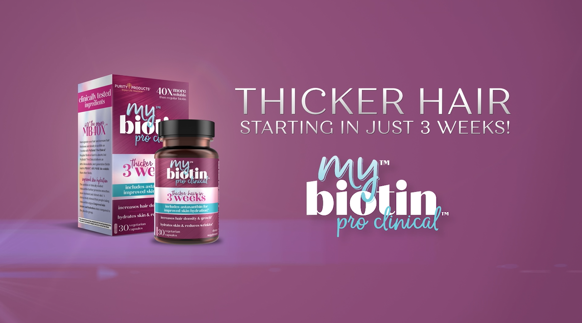 Purity Products MyBiotin ProClinical – Thicker Hair in 3 Weeks & Fights Wrinkles - MB40X Patented Biotin Matrix w/Astaxanthin 40X More Soluble vs Ordinary Hair, Skin Nails 30 Veg Caps